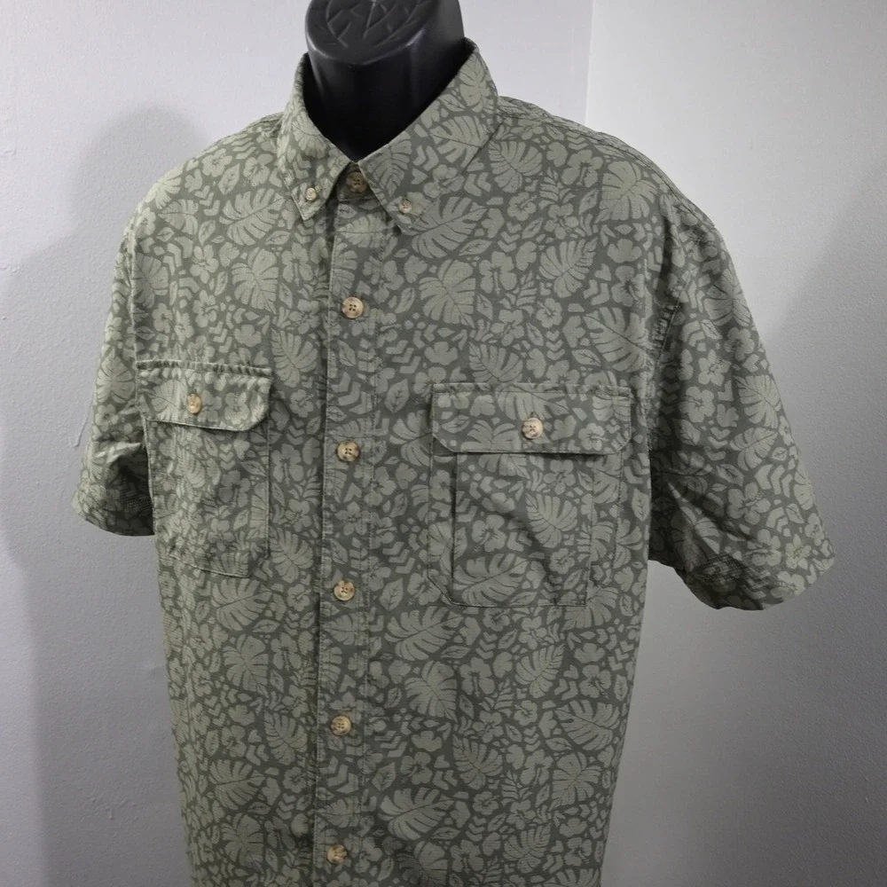 Duluth Trading Co Vented Fishing Shirt Mens 2XL Relaxed Fit Green Tropical Leaf